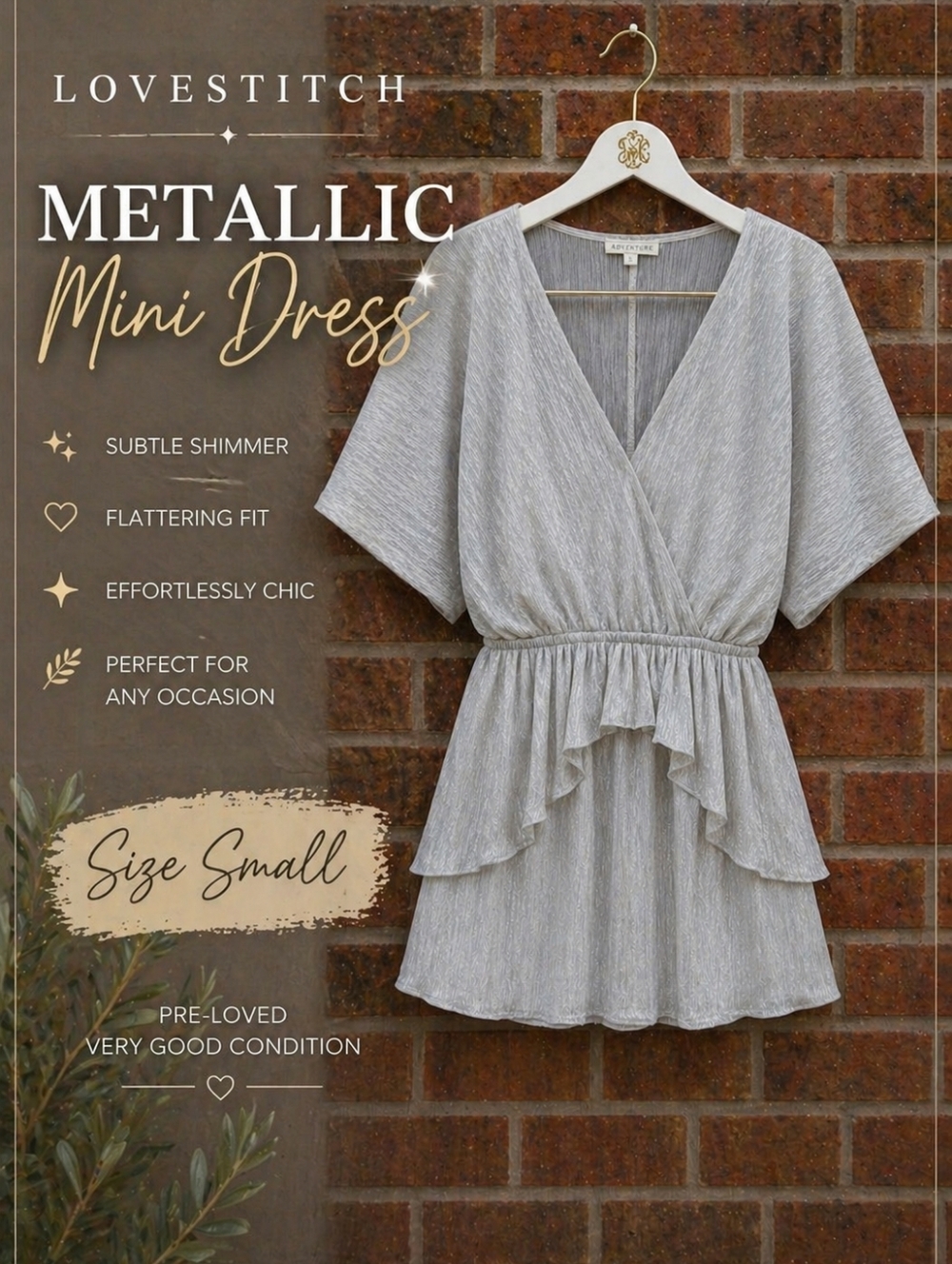 Lovestitch Metallic Mini Dress Size S Silver Shimmer V-Neck Boho Peplum New